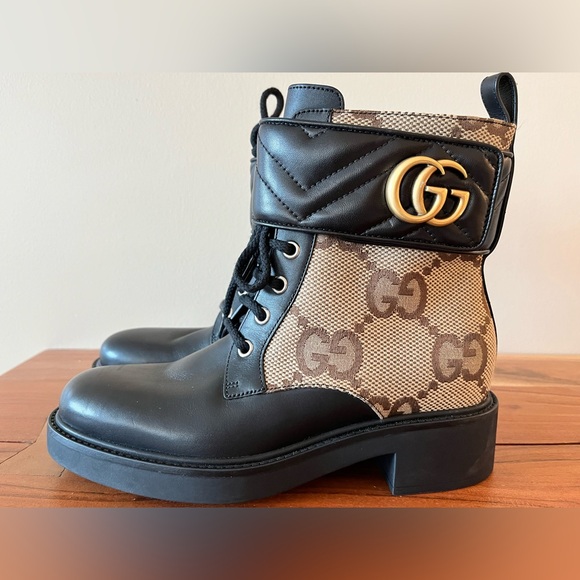 Gucci Logo EU 36 Print Canvas & Leather Combat Boots Booties - Picture 5 of 16